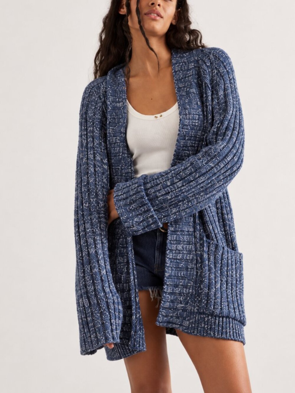 Free People Blossom Cardi Blue Marled Chunky Knit Cardigan Size M Retail $148